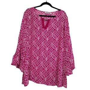 Susan Graver Women's Tunic Blouse Magenta Geometric Print 2X Flared 3/4 Sleeves
